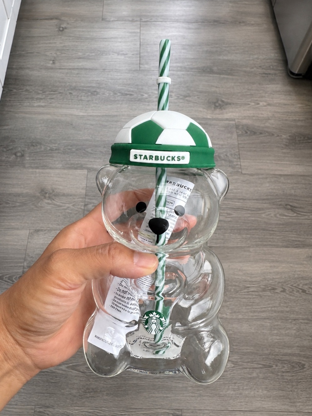 Starbucks World Cup Glass Bear Tumbler with Soccer Lid and Green-White Straw